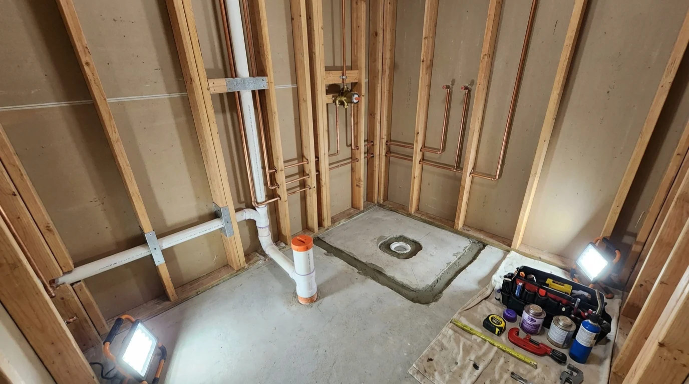Bathroom rough-in plumbing during remodel by Johns Plumbing LLC in Fort Atkinson