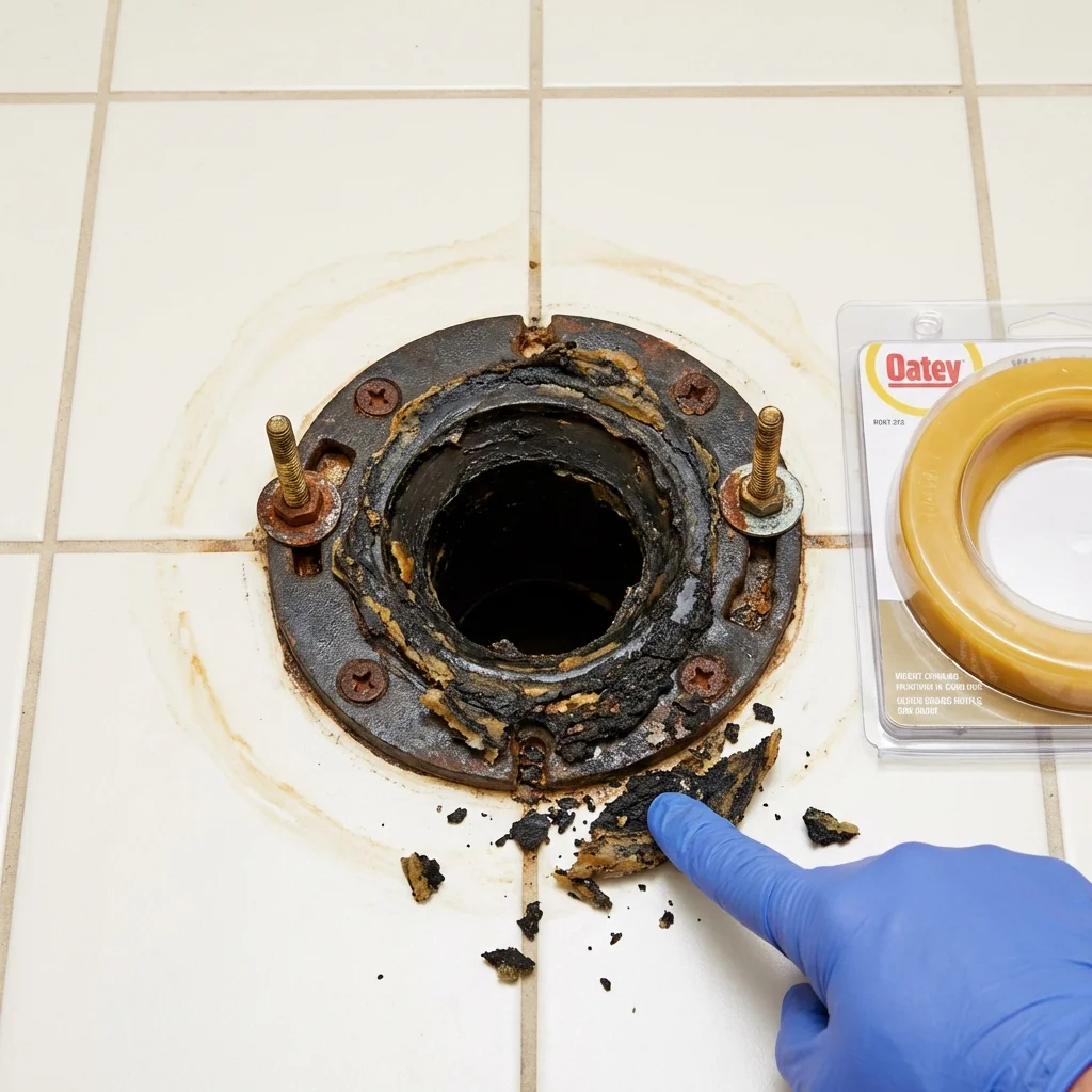 Failed wax ring showing water seepage at the base of a toilet in a Fort Atkinson, WI home