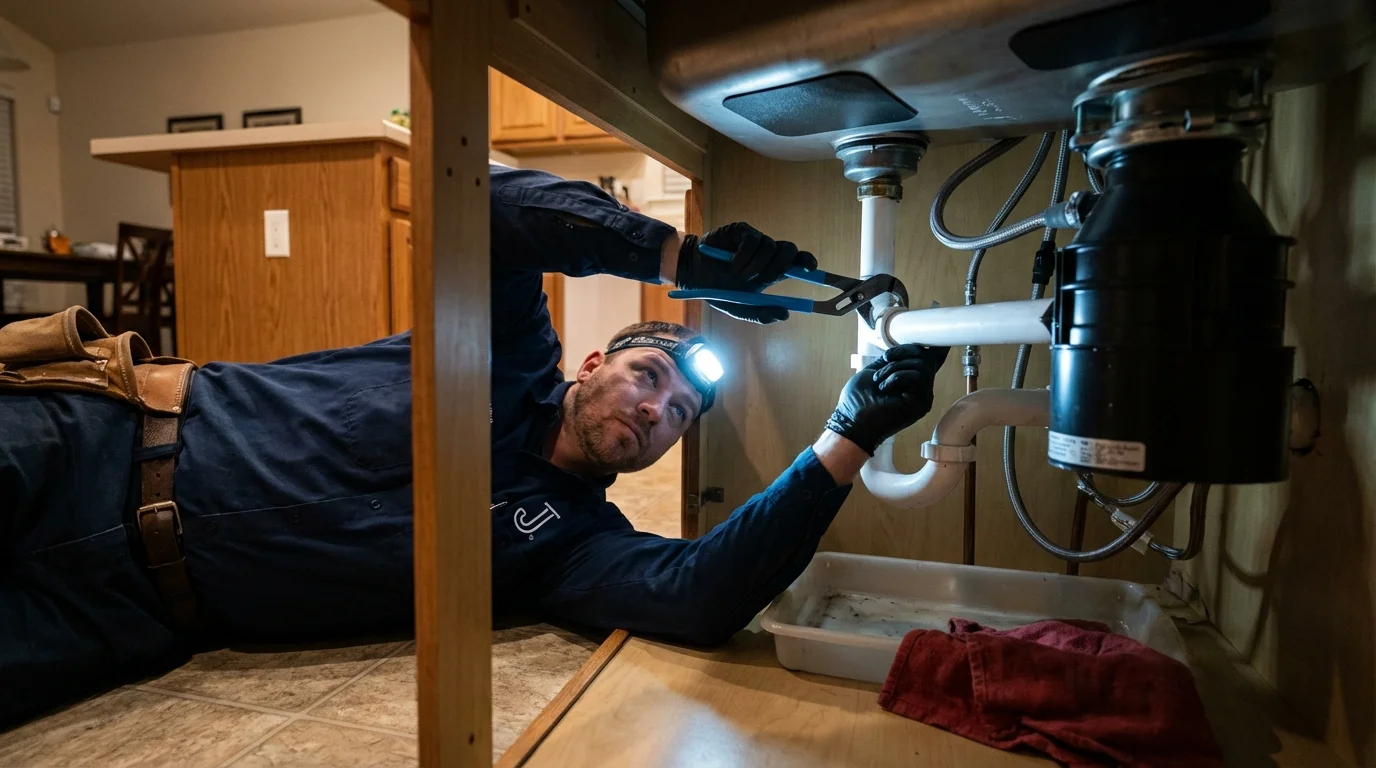 P-trap and supply line connections under a kitchen sink showing a common leak point in Fort Atkinson, WI